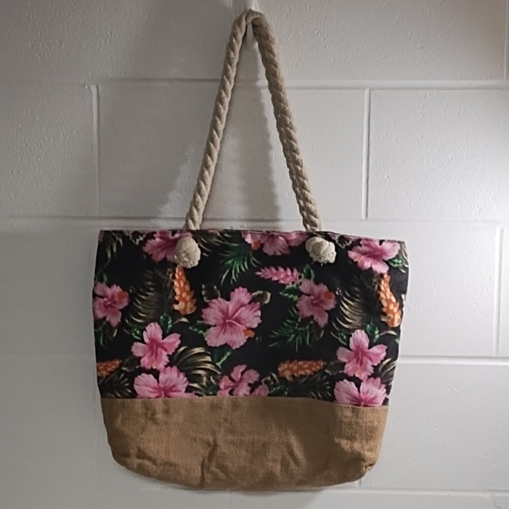 Floral Canvas Burlap Thick Cotton Rope Handles Beach Tote Bag Zip Top Closure